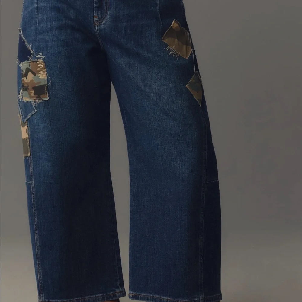 NWT Anthropologie Pilcro Kenna Mid Rise Heritage  Blue Camo Patch Barrel Jeans - Picture 4 of 13
